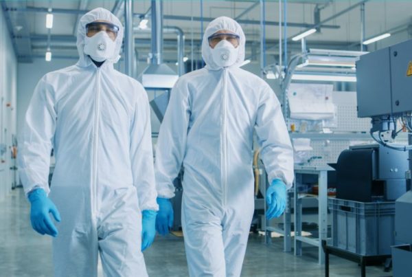 two professionals in hazmat suits